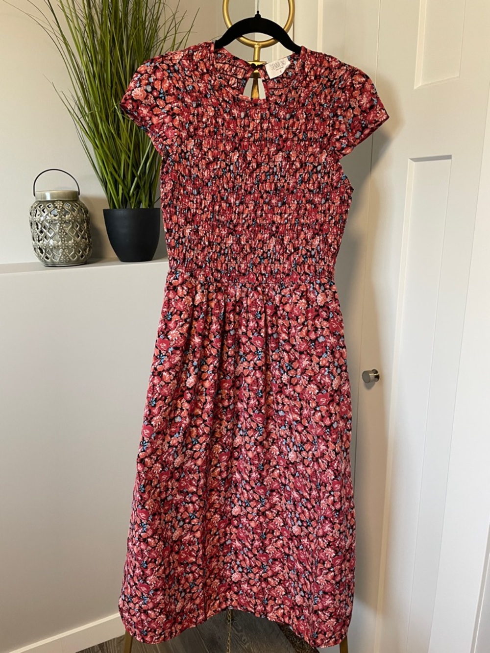 Sienna Sky Coral Floral Smocked Midi Dress, Size S